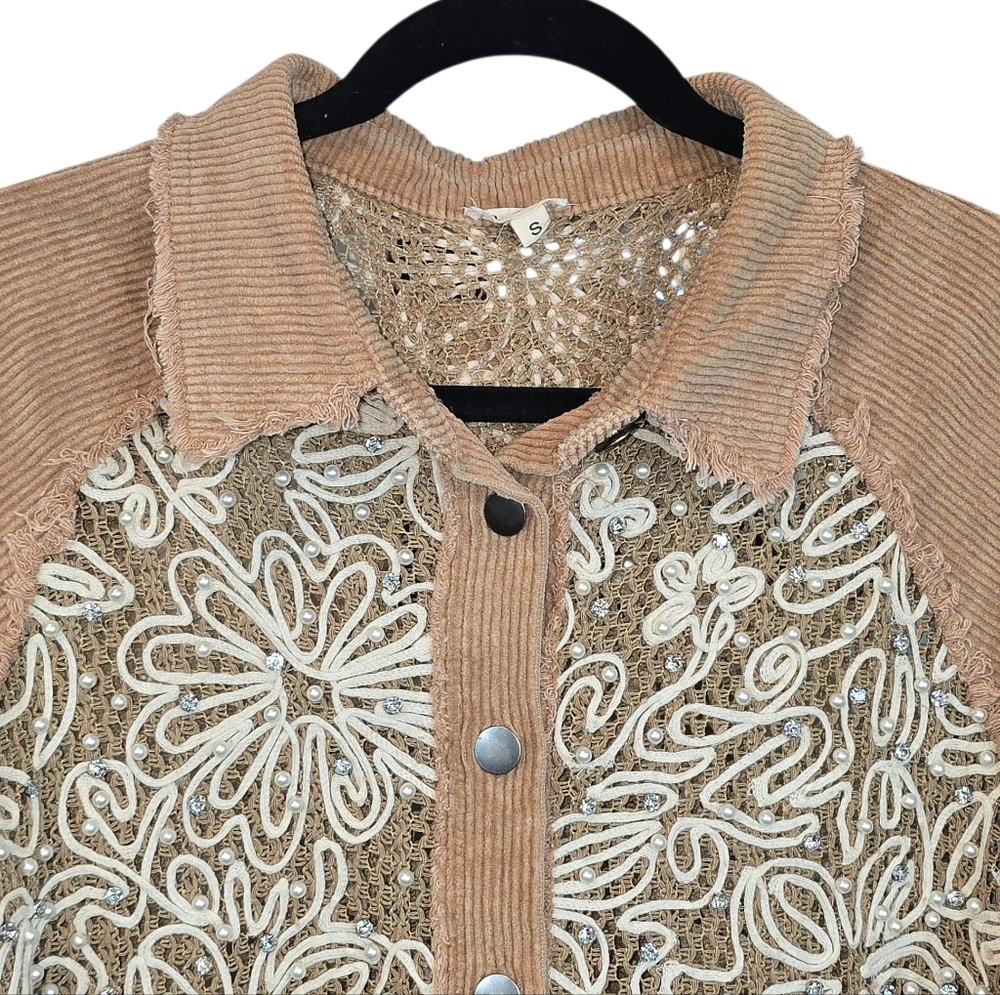 POL Tan Corduroy Button-Down Shirt with Cream Lace Detail - Picture 3 of 16